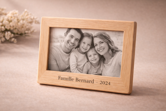 Cadre photo en bois gravé – Souvenir personnalisé